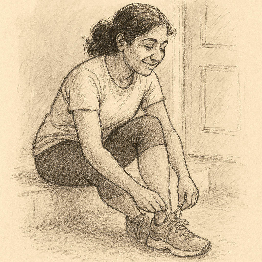 A runner tying their shoes — every action a vote for the identity you are becoming